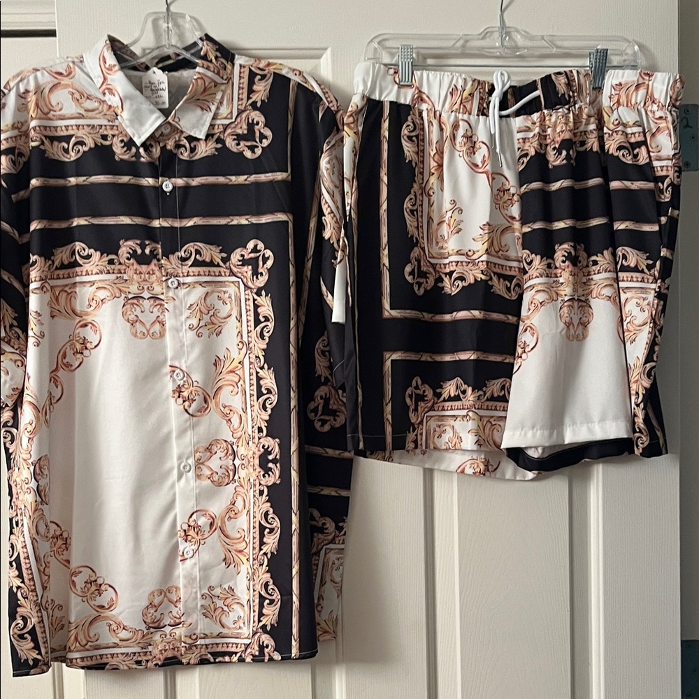 Men's Elegant Black, Gold and White Shirt and Shorts Set